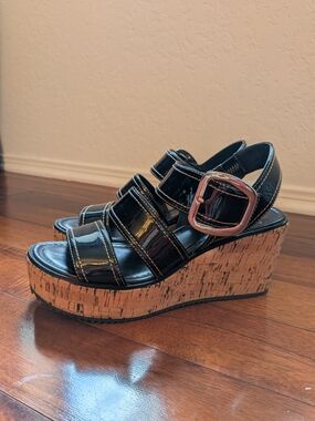 Donald J. Pliner Black Patent Cork Wedge Sandals